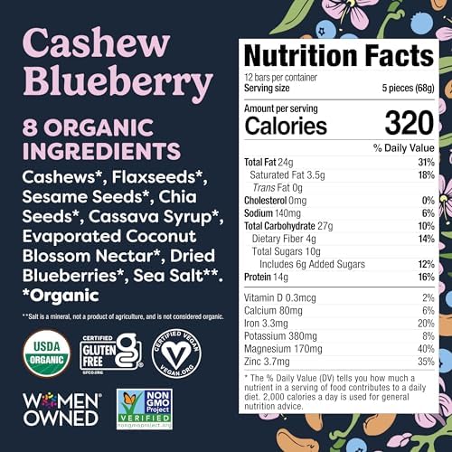 Tosi Meal Nut Bars, Cashew Blueberry, Healthy Snacks for Adults & Kids, Crunchy Plant Based Protein Bar (14G), Keto Snacks, Vegan, Gluten & Soy Free, Low Sugar, Omega 3s, 2.4oz, 12-Pack
