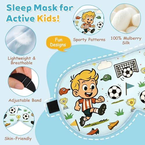 Kids Silk Sleep Mask – 100% Mulberry Silk Eye Cover, Kid Eye Mask with Adjustable Strap, Soft & Breathable Blackout Sleeping Mask for Boys and Girls Ages 5-15 (Soccer Style)