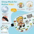 Kids Silk Sleep Mask – 100% Mulberry Silk Eye Cover, Kid Eye Mask with Adjustable Strap, Soft & Breathable Blackout Sleeping Mask for Boys and Girls Ages 5-15 (Soccer Style)