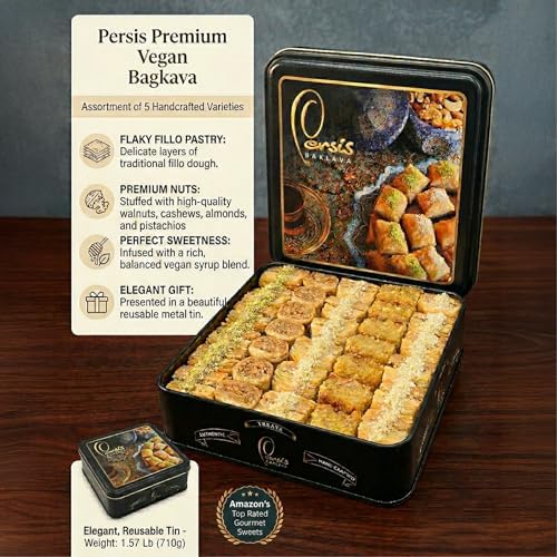 Persis 1.57 Lb (710g) Vegan Baklava Gift Box | Christmas, New Year Sweets | Baklava Pastry with Cashew, Almond, Walnut, Pistachio | Vegan Pastry | Baclava Gift Set in Luxury Embossed Tin (32 Pieces)