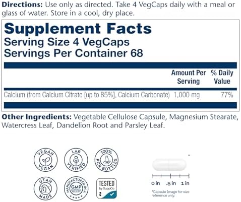 Solaray Calcium Citrate 1000mg - Chelated Calcium Supplement - Supports Bone Strength and Healthy Teeth - Easy to Digest - 60-Day Guarantee, Vegan - 68 Servings, 275 VegCaps
