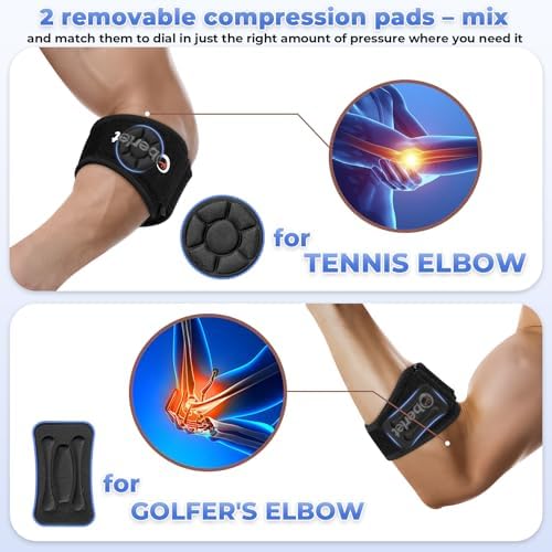 Tennis Elbow Brace for Men Women with Tendonitis for Elbow Pain Relief - Adjustable Strap with Two Removable Gel Pads, Golfers Elbow Brace, Counterforce Arm Forearm Support Band - Black 1 Pack