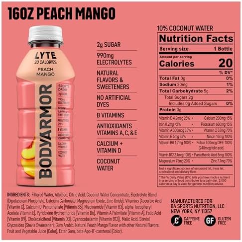 BODYARMOR LYTE Sports Drink Low-Calorie Sports Beverage, Peach Mango, Coconut Water Hydration, Natural Flavors With Vitamins, Potassium-Packed Electrolytes, Perfect For Athletes, 16 Fl Oz (Pack of 12)