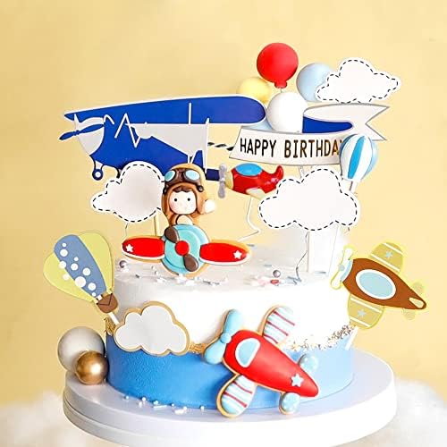 Airplane Themed Cake Toppers - Set of 20 - Airplanes, Hot Air Balloon, Balloons, Clouds, Road Sign and Happy Birthdany Cake Topper