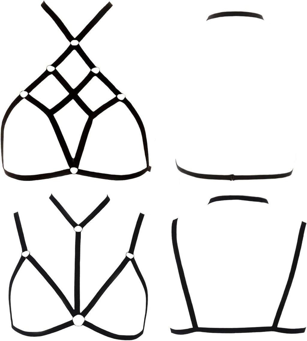 2 Pcs Womens Strappy Cage Bra Sexy Harness Halter Cupless Bra Punk Gothic Style Strappy Bralette Elastic Hollow Out Crop Top Black