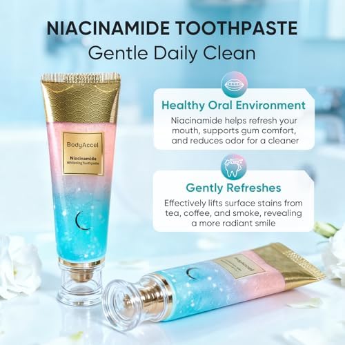 BodyAccel Niacinamide Whitening Toothpaste, Niacinamide Intensive Whitening Toothpaste with Natural Gentle Care Deep Stain Removal Clean Peach Flavor, Improves Gum Health, Fresh Breath (1)