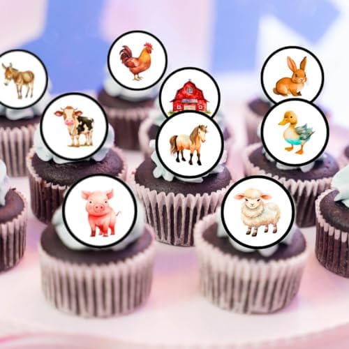 Farm Animal Cupcake Toppers, Petting Zoo Edible Mini Cake Decorations, Woodland Animals Party Decoration, Farmer Topper - 48 x 1.18 Inch 3cm PRECUT (48)