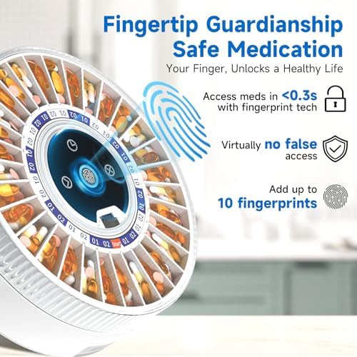 Zoksi Premium 31-Slot Automatic Pill Dispenser with Fingerprint & Key Lock, Smart Medication Organizer with Alarm & Light, Electronic Pill Organizer for Elderly & Forgetfulness