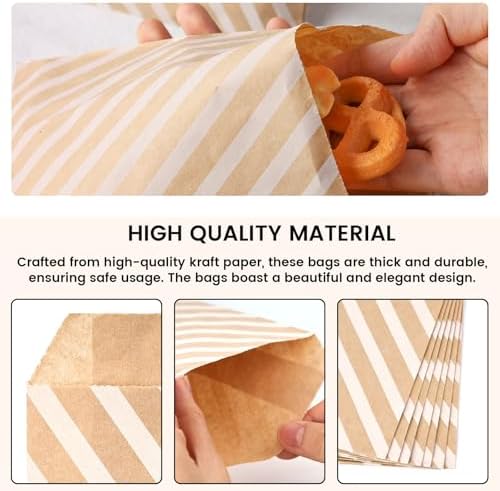 VGOODALL 120pcs Flat Paper Bags, 5x7 Inch Striped Snack & Treat Bags for Cookies, Popcorn & More