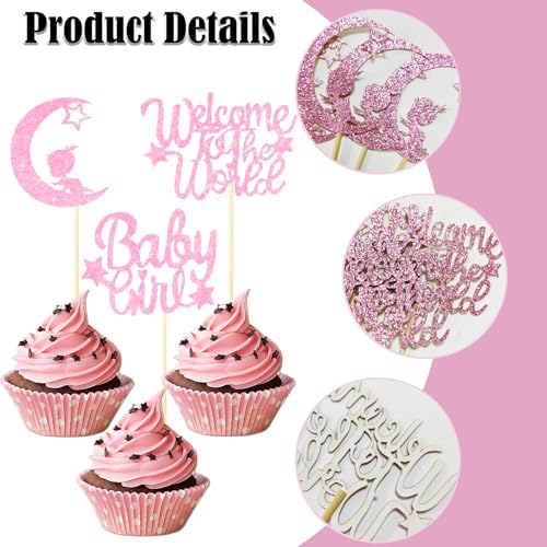 12PCS Pink Baby Girl Cupcake Toppers - Glitter Moon & Welcome to the World Set for Baby Showers & Gender Reveals
