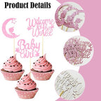 12PCS Pink Baby Girl Cupcake Toppers - Glitter Moon & Welcome to the World Set for Baby Showers & Gender Reveals