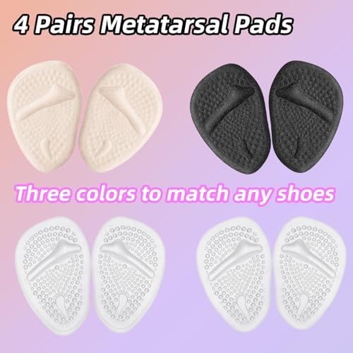 Ball of Foot Cushions for Women, 8PCS Metatarsal Pads & Shoe Inserts | Instant Pain Relief & All-Day Comfort, Secure Gel Heel Inserts for High Heels, Universal Fit Size ((Clear, Beige, Black)