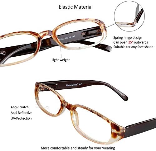 VisionGlobal 1 Pair Reading Glasses with Spring Hinge, Blue Light Blocking Glasses for Women/Men (Tortoise,+2.00 Magnification)