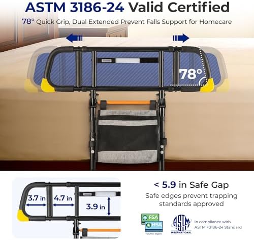 C5 Pro Bed Rail for Home Safety - Foldable Bed Rail for Seniors with Motion-Activated Light & Storage Bag, 350 lbs Weight Capacity