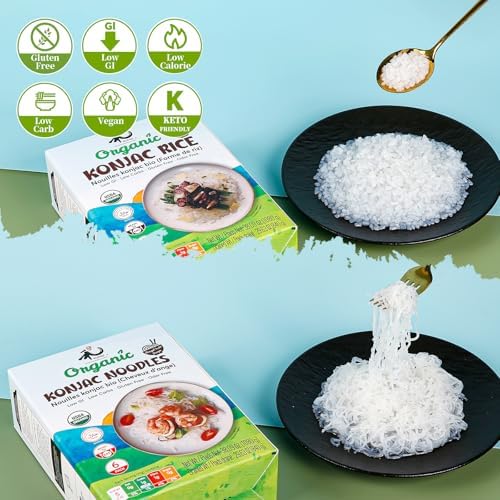 YUHO Organic Konjac Shirataki Variety Pack Low Carb Pasta 38.09 Oz (1080 g) USDA Organic Healthy Angel Hair and Rice(6 Pack Inside) Keto and Paleo Friendly Low Calorie Sugar Free Vegan Ready to Eat