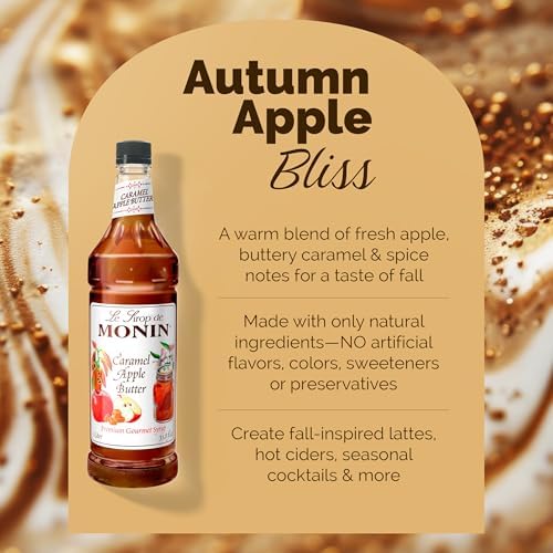 Monin - Caramel Apple Butter Syrup, Buttery Caramel and Cooked Apple Flavor, Natural Flavors, Great for Hot Lattes, Ciders, and Seasonal Cocktails, Non-GMO, Gluten-Free (1 Liter)
