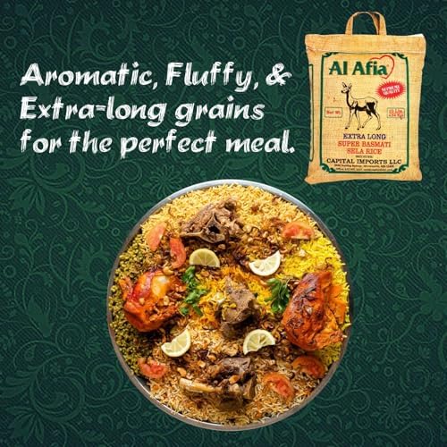 Al Afia Basmati Sela Rice Supreme Quality Extra Long Super Basmati Sela Rice, 10 lb (4.54 kg), Non GMO, Extra Long Basmati Rice, Vegan, Gluten Free, BPA Free, Zip Lock Bag, Dried Grains, Fresh White Rice