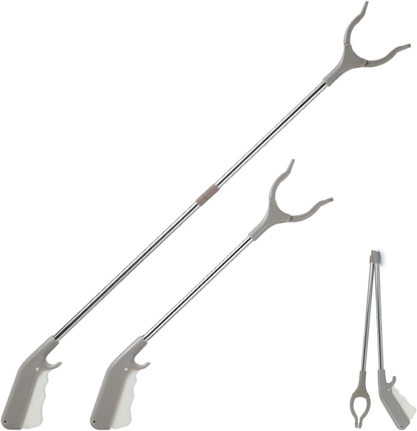 2 Pack Stainless Steel Grabber Reacher Tool, 32" Foldable & 16" Rigid Short Reacher, 360° Rotating Jaw Heavy Duty Trash Picker, Durable Pickup Tool for Seniors, Home & Garden (Gray)