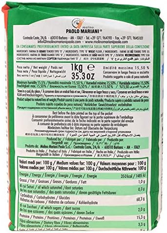 Molino Paolo Mariani. Manitaly Manitoba Type ‘0’ Flour. Made with 100% Italian Wheat. 1 kg (2.2lb). Pack of 2.