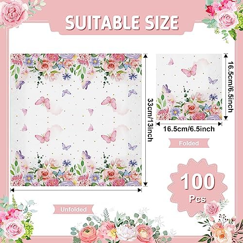 100 Pcs Butterfly Napkins Pink Butterfly Party Paper Guest Towels Disposable Colorful Garden Spring Summer Flower and Butterflies Hand Towels for Wedding Birthday Party Supplies (6.5 x 6.5 Inch)