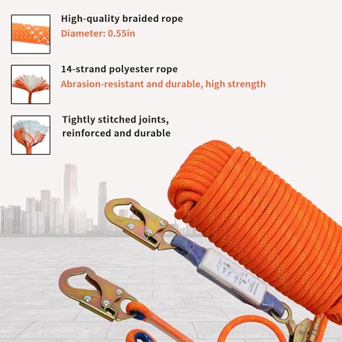 Fall Protection Safety Rope 50ft Heavy Duty Vertical Roofing Grab Snap Hook Shock Absorber Fall Protection Line Kit Restraint System Roofing Safety Equipment (50FT)