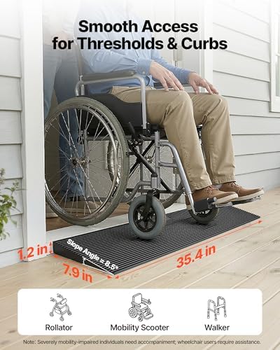 VEVOR 1.2" Rise Cuttable Threshold Ramp for Doorways, 35.4" Wide Natural Rubber Wheelchair Ramp, Non-Slip Solid Rubber Ramp with Double-Sided Tape for Doorways, Driveways, Bathroom, Smooth Tile