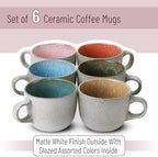 BTaT- Porcelain Coffee Mugs Set, 14 oz (415 ml), 6 Pack, Ceramic Coffee Mugs, Matte White Outside and Colorful Inside, Restaurant Cups for Tea, Cappuccino, Cocoa, Cereal, Mug Gift Set, Dishwasher Safe