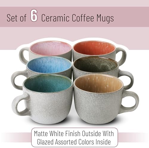 BTaT- Porcelain Coffee Mugs Set, 14 oz (415 ml), 6 Pack, Ceramic Coffee Mugs, Matte White Outside and Colorful Inside, Restaurant Cups for Tea, Cappuccino, Cocoa, Cereal, Mug Gift Set, Dishwasher Safe