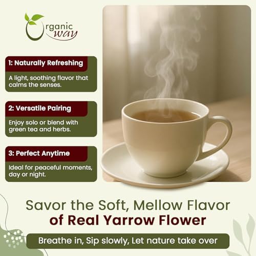 Organic Way Yarrow Flower Cut & Sifted (Achillea millefolium) - Herbal Tea | European Wild-Harvest | Kosher & USDA Certified | Vegan, Non-GMO & Gluten Free | 100% Raw from Albania (1/4LBS / 4Oz.)