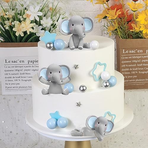 32 PCS Elephant Cake Decoration with Mini Elephant Blue White Pearl Balls for Elephant Theme Birthday Supplies (BLUE)
