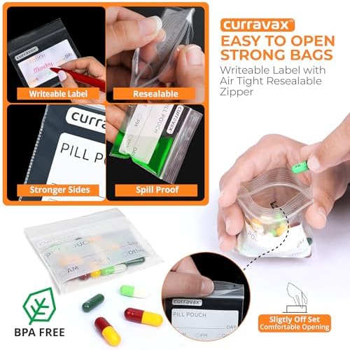 Pill Bags for Travel Pill Pouch Organizer Pack of 540 BPA Free 3 x 2.75 inch Pill Pouches for Medicine Reusable with Write on Label & Waterproof Zipper Seal AM PM Pill Baggies for Vitamins by CURRAVAX