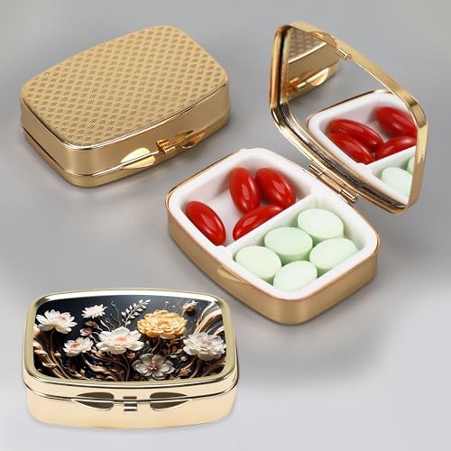 Dynippy Pill Case Pill Box with Mirror Retro Pocket 2 Compartment Medicine Case Vitamin Pill Organizer for Pocket Purse and Travel (Gold- Flower 1)