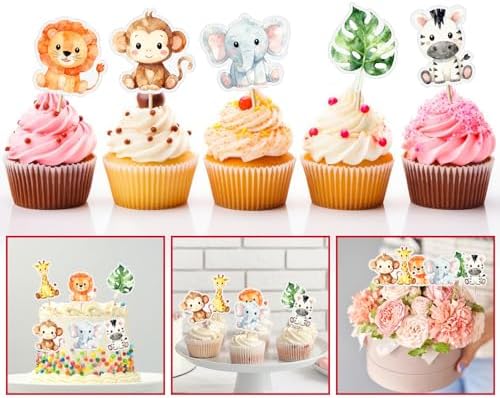 48 Pcs Animal Cupcake Toppers Jungle Safari Zoo Theme Cake Picks Cute Animal Party Decorations for Baby Shower Birthday Party Supplies