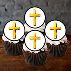 Gold Cross Edible Cupcake Toppers – Religious Cake Decorations for Christenings, Baptisms, Holy Communions, Church Celebrations Uncut (24 x 4cm/1.5 Inch Discs)