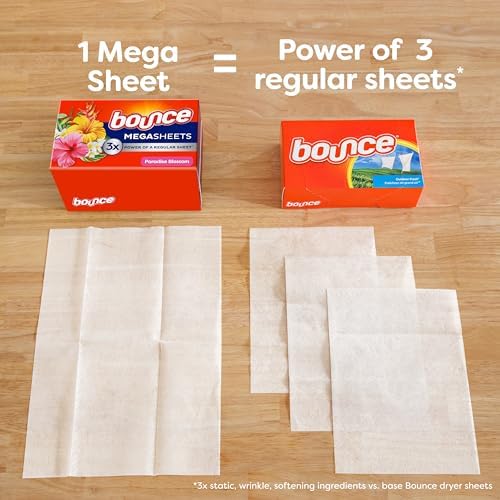 Bounce Mega Dryer Sheets, Paradise Blossom, 130 Count, Mega Fabric Softener Sheets with Static Control, Wrinkle Reduction, Extra Softness, Lasting Scent, Repels Lint