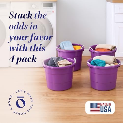 HOMZ 4-Pack Utility Tub, Large Plastic Storage Bucket with Rope Handles, 17 Gallon, Purple - Portable Indoor and Outdoor Buckets for Kitchen, Laundry, Garden, Bathroom, and Garage Organization