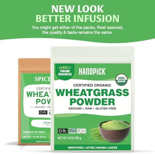 HANDPICK USDA Organic Wheatgrass Powder (10oz) Rich Green Powder - Lab Tested | 100% Whole Leaf | Gluten Free, Non-GMO | No Sugar, No Artificial Ingredients | Resealable Ziplock Pouch