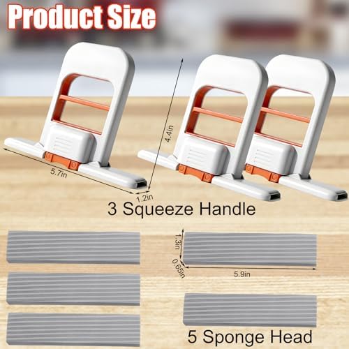 Juome 3Pcs Mini Foldable Desktop Mop - Portable Self-Squeeze Sponge Cleaning Tool, Wet and Dry Use Cleaning System, Mini Mop for Kitchen Counter, Bathroom, Glass (5 Sponge Head + 3 Squeeze Handle)