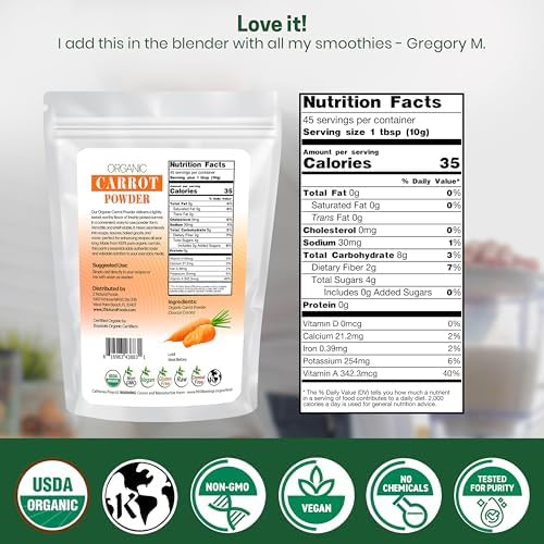 Z Natural Foods Organic Carrot Powder, Natural Superfood Powder for Vision and Heart Health, Great in Juices, Smoothies, and Recipes, Non-GMO, Vegan, Gluten-Free, Kosher, 1 lb.