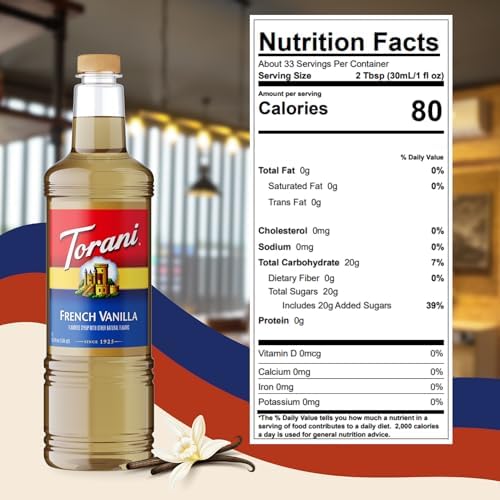 Torani French Vanilla Coffee Syrup 1 Liter Bottle with Pump Dispenser – Flavored Syrup with Pure Cane Sugar & Natural Ingredients – Perfect for Lattes, Teas, Cocktails & Desserts