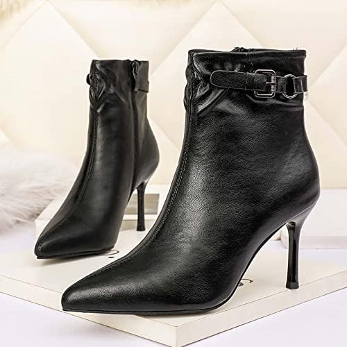 JOEupin Women's Pointed Toe Stiletto High Heels Ankle Booties Side zipper Short Boots With Metal Buckle K04