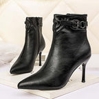 JOEupin Women's Pointed Toe Stiletto High Heels Ankle Booties Side zipper Short Boots With Metal Buckle K04