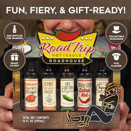 Hot Sauce Variety Pack RoadHouse Road Trip– 5 Hot Sauce Bottles with Garlic, Jalapeño, Chipotle, and Habanero Sauces – Gourmet Gift Sets