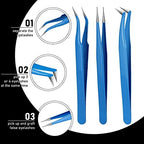 Honoson 6-Piece Lash Eyelash Extension Tweezer Set - Stainless Steel, Straight & Curved Tip Tools for Women Eyelash Extensions (Black, Blue)