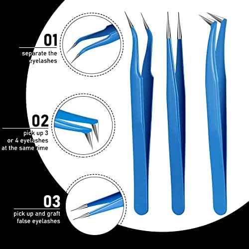 Honoson 6-Piece Lash Eyelash Extension Tweezer Set - Stainless Steel, Straight & Curved Tip Tools for Women Eyelash Extensions (Black, Blue)