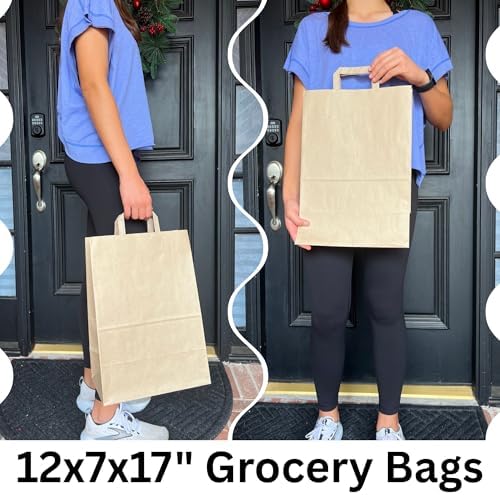 Qutuus Large Brown Paper Bags with Handles - 12x7x17 inches 25pcs Brown Paper Grocery Bags with Handles Bulk, Large Reusable Shopping Bag for recycling, trash, togo, retail.