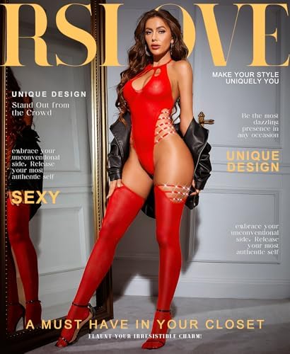RSLOVE Sexy Lingerie Sets for Women Fishnet Bodystocking Exotic Sparkle Rhinestone Mesh Bodysuit with Thigh High Stockings