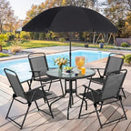 Vongrasig 6 Piece Folding Patio Dining Set,Small Metal Outdoor Garden Patio Table and Chair Set w/Umbrella for Lawn,Deck,Backyard,Black