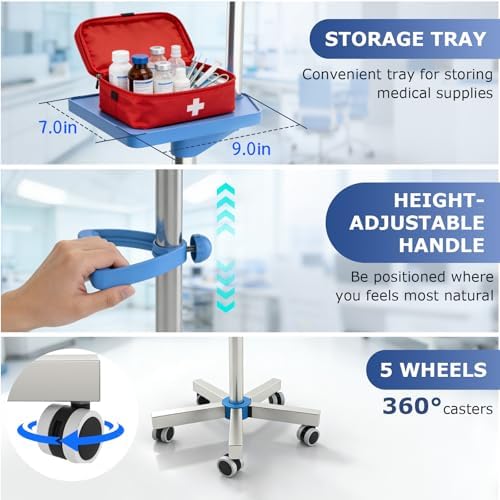 IV Pole with Wheels, Adjustable 52.3"–70.8" Stainless Steel IV Stand, 9" x 7" Tray, Height-Adjustable Handle, 4 Fluid Bags Holder, 5-Wheel Base