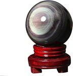 StoneStory Natural Obsidian Sphere with Rainbow Eye Healing Crystal Fengshui Ball with Stand Sculpture Figurine for Home Decor Divination 3.54"-3.93"(9-10cm/3.54"-3.93")